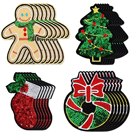24 Stück Weihnachten Aufbügel Patches Stick Applikationen Aufkleber,Weihnachtspatches zum Aufbügeln Weihnachtsbaum gestickte Aufnäher Aufbügeln Weihnachtsaufnäher Gestickte Applikationen