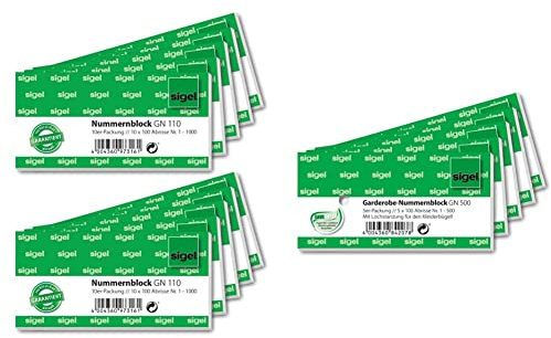 Sigel GN110 Nummernblock, 1000 Bons (nummeriert 1-1000, 10,5x5 cm, Farbauswahl nicht möglich) & GN500 Garderoben-Nummernblöcke mit Lochstanzung, 500 Bons (nummeriert 1-500, 10,5 x 5 cm)