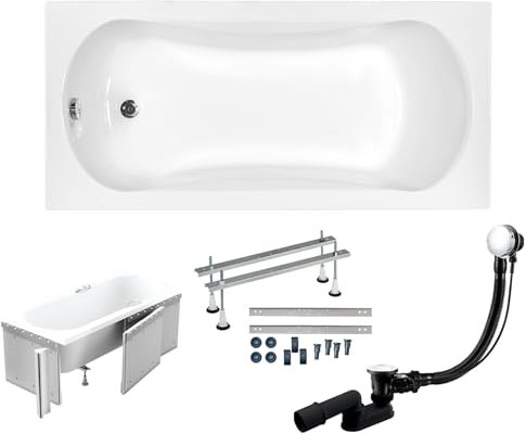 BADLAND Badewanne Original Weiß Acryl Wanne Rechteck ARIA 160x70 KOMPLETTSET SET mit Premium Styroporverkleidung + Füßen und Exklusive Chrom Automatik Ablaufgarnitur Made in EU 4in1