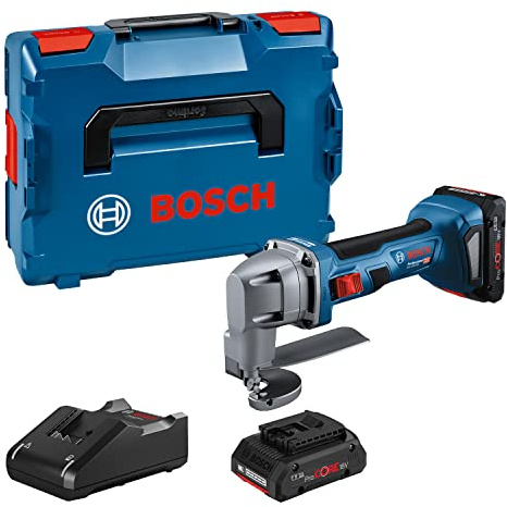 Bosch Professional sladdlös plåtsax GSC 18V-16 E (effekt på 700 W, grepp på 156 mm, borstlös motorteknik, med 2 x 4.0Ah ProCORE-batterier, laddare GAL 18V-40, L-BOXX)