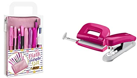 BIC Stifte Set: 2 Kugelschreiber, 1 Federmäppchen, 1 Fineliner, 2 Bleistifte, 1 Tintenroller & 3 Permanent Marker, Pink & Purple Set & Novus Schreibtisch Set (Heftgerät E 15 mit Locher E 210) pink