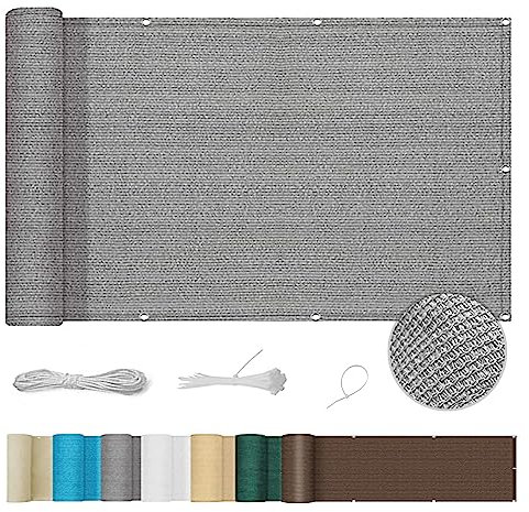 Balkonabdeckung 55 x 400 cm UV-Schutz 100% Privatsphäre Balkon Sichtschutz Ohne Bohren mit Ösen Nylon Kabelbinder und Kordel für Balkongeländer Garten, Grau