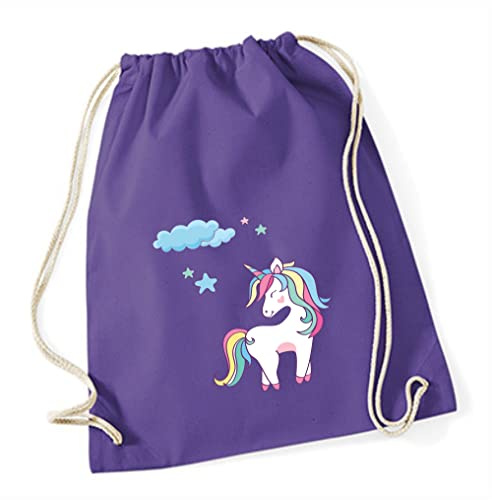 minimutz Turnbeutel Einhorn für Mädchen | Stoffbeutel Baumwolle Unicorn mit Sternen | Sportbeutel zum Zuziehen mit Kordel 37cm x 46cm