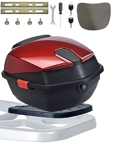 NUACOS Topcase für Roller 35L Motorradkoffer mit Rückenlehne und Platte Abschließbar Motorrad Kofferraum Universal Wasserdicht Motorroller Heckbox für Moped/Mofa/Motorcycle,Rot,15 * 15 * 11in