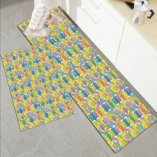 Küchenläufer Küchenmatte 2 Stück 45x70cm+45x120cm,Abstraktes, Trippy geometrisches Muster mit Stern und Fractal-Diagonal,Rutschfest Pflegeleicht, Anti-Müdigkeit Küchenteppich Teppich Läufer für Küche