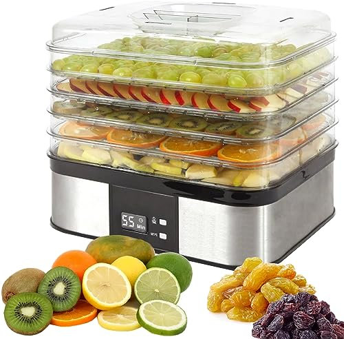 Syntrox Edelstahl Dörrautomat Massam, Obsttrockner, Gemüsetrockner, leistungsstark, 350 Watt, schonende Trocknung, Heißluftfritteuse, Dörrgerät, Trockenfleisch,