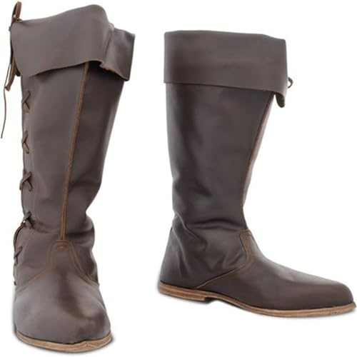 DJFOG Botas de Caballero Medievales para Hombre, Botas Altas de Caballero Pirata Vintage, Botas de Vaquero de Cuero PU, Accesorios para Disfraz de Halloween,Marrón,38 EU