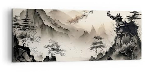 ARTTOR Leinwandbild 140x50cm Wandbild Landschaften Vintage - 5777 | Asien Japan Sicht Panorama Groß XXL Wanddekoration Wohnzimmer Schlafzimmer Wanddeko Wand Kunstdruck Wandkunst ARTTOR