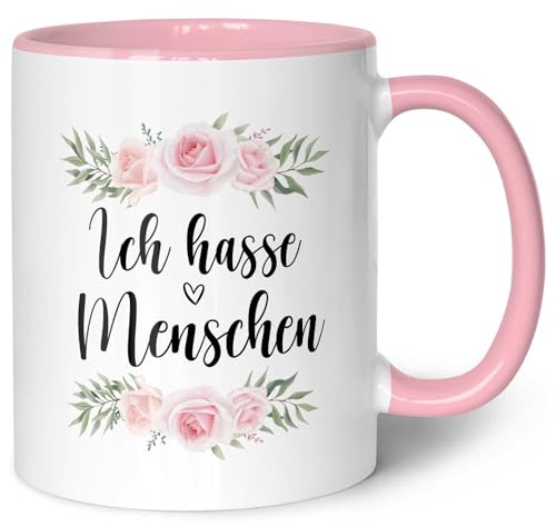 GRAVURZEILE Tasse mit Spruch - Ich hasse Menschen - Lustiges Geschenk für Freunde - Geschenk für Frauen & Männer - Geschenk für Sie & Ihn - Kaffeetasse Kaffeebecher Teetasse - Farbe: Rosa