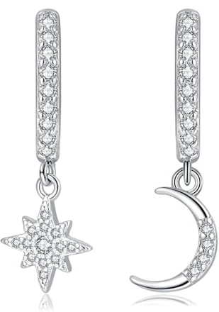 Zolkamery Creolen Ohrringe Silber Hängend für Damen, 925 Sterling Silber Creolen Ohrhänger Set mit Zirkonia, Hypoallergen Hängeohrringe mit Mond Stern Herz Anhänger, Kreolen Ohrringe mit Geschenkbox