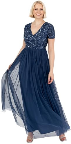 Maya Deluxe Women's Ladies Dress for Wedding Guest Plus Size Empire High Waist Sequins Short Sleeve Evening Bridesmaid