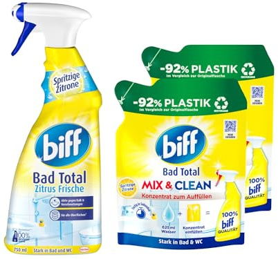 Bad Total Zitrus Frische Badreiniger (750ml), Bad Reiniger gegen Kalk & Schmutz + Biff Bad Total Mix & Clean Spritzige Zitrone Badreiniger (2x 125 ml), Konzentrat zum Auffüllen