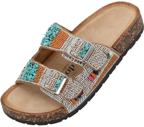 Palado Viha by Sila Sahin Mules - Sandalias para mujer, plataforma con purpurina, elegantes zapatillas para mujer con tacón, zapatos de verano de moda, Camel Rhinestone, 37 EU