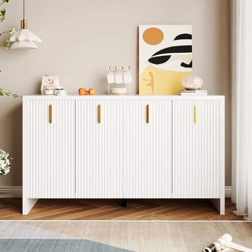 Buffet moderne - Blanc - Design élégant - Buffet avec poignées dorées et cloisons réglables (140 x 80 x 38 cm)