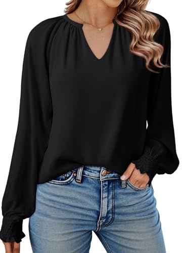 Dokotoo Women's Blouses Shirts Smocked Puff V Neck Womens Long Sleeve Tops Oversized Ladies T-Shirts Chiffon Blouse Casual Women Tunic Top Black XL UK 18 20
