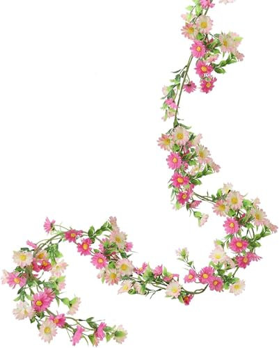 Luabue Gänseblümchen Deko Blumengirlande Rosa Seidenblumen Gänseblümchen Vine Girlande mit grünen Blättern Kunstblumen Hängend Rebe für Hochzeitsbogen Zuhause Wand Garten Party Hochzeit Deko