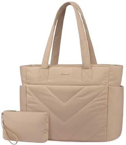 LOVEVOOK Laptoptasche Damen 15,6 Zoll, Handtasche Groß Shopper Tasche Arbeitstasche Puffer Bag, Lehrertasche Schultertasche Tote Handbags Women für Uni Business Schule, Khaki