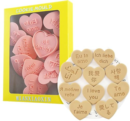 Set di 10 formine per biscotti a forma di cuore, in plastica, con scritta I Love You, per San Valentino, fai da te
