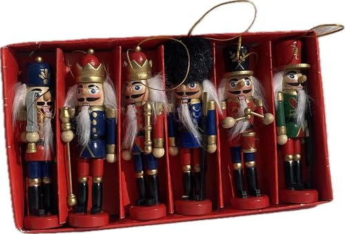 Max Stitch Weihnachtsbaum-Anhänger, 12,7 cm hoch, Holz, Nussknacker-Soldaten, 6 Stück, hängende Dekorationen in Rot