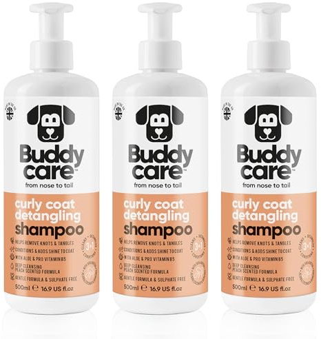 Upptrasslande schampo för hundar med lockigt hår av Buddycare | djuprengörande schampo | persika doft | berikad med Aloe Vera och provitamin B5 (500 ml x 3)