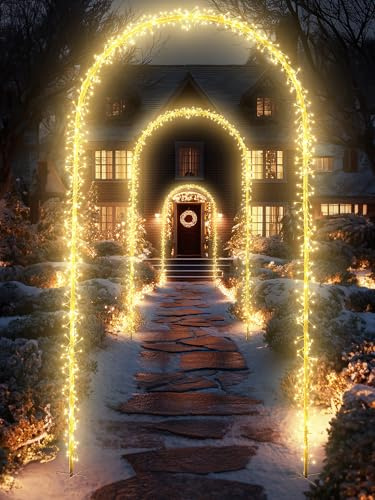 Joomer 360 LED Arco Luces de Navidad Iluminado, 1,2 x 2,3m Luces de Navidad Exterior Metal, 8 Modos Guirnalda LED con Enchufe Decoracion Navideñas con Temporizador para Porche Patio, Blanco Cálido