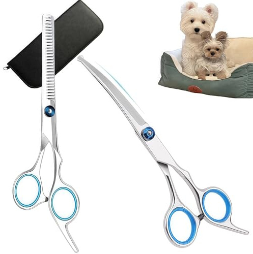 Hundeschere Set,2 Hunde Scheren,Edelstahl-Fellschere für Hunde und Katzen | Gebogene Schere Hund Fellschere Für Hunde /Mit Aufbewahrungstasche aus Leder