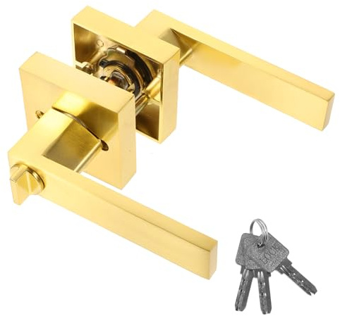 HYTROVE Cerradura De Puerta Pomo De Aleación De Aluminio Dorado Llave Et, Seguridad Pesada Para Interior, Manija Cuadrada Moderna, Juego De 1, Uso Habitaciones