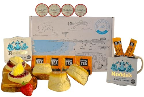 Cornish Cream Tea Gift Set for 4, Scones with Clotted Cream and Jam, Tea and Coffee