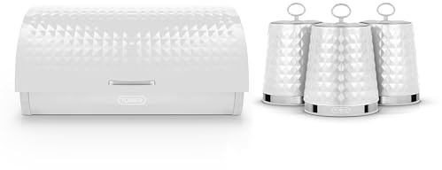 Tower Solitaire Roll Top Bread Bin and Set of 3 Canisters, Mirror Finished Steel Lid with Round Loop, Airtight, White