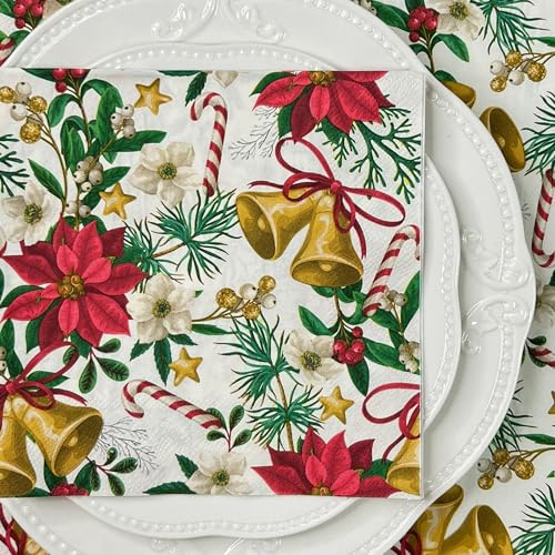 Yamobi 40PCS Weihnachts Einweg-Papier-Servietten, Weihnachtsservietten 33x33,dekorative Bedruckte Papier-Taschentücher für Weihnachten Party(Bunte Glocke)