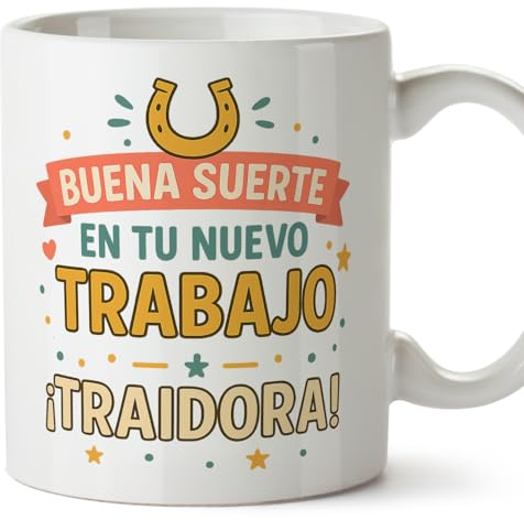 MUGFFINS taza despedida compañera trabajo con frase Buena suerte en tu nuevo trabajo ¡Traidora! en Español | regalo despedida trabajo graciosa divertida | 330 Ml 11 oz | cerámica | Adiós compa v2