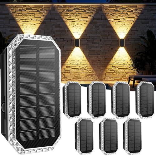 Giliwosy Aplique Solar Exterior Pared 3 Colores, IP65 Impermeable 1200mAh | Luces Solares Led Exterior Arriba y Abajo, Lampara Solar Exterior Decorativas para Jardín, Piscina, Patio y Valla (8 Pack)