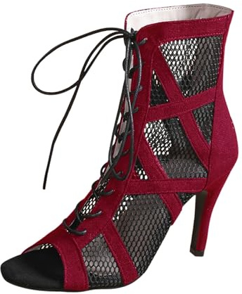 Tacones de baile para mujer, botas de baile con tiras de malla, zapatos de baile sexy, tacón alto, elegantes sandalias de gladiador con puntera abierta, botines de tobillo con cordones, botas de baile