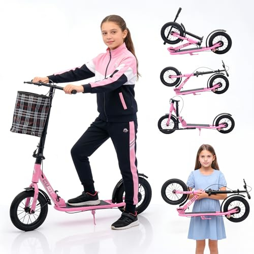 Cityroller mit 290mm Big Wheels, Klappbarer Tretroller bis 150kg, Höhenverstellbarer Lenker, Hand- & Fußbremse, Inkl. Korb, für Erwachsene, Jugendliche & Kinder