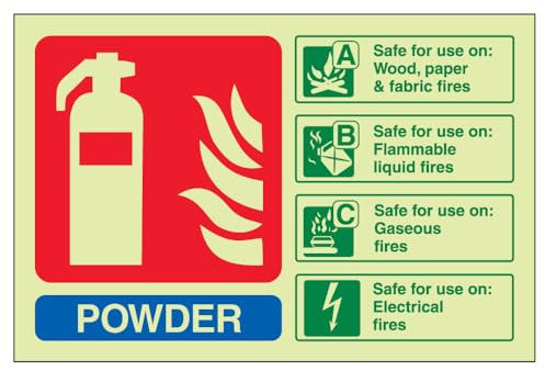 V Safety 11017AL-G Glow In The Dark Powder Id Fire Extinguisher Sign - 150mm x 100mm - Rigid Plastic, Blue/Green/Red