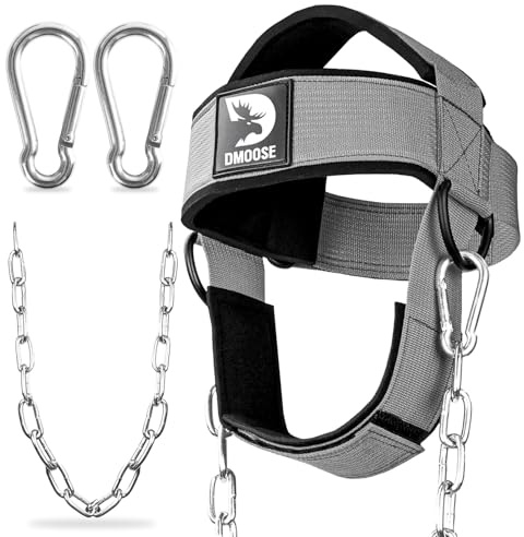 DMoose Fitness Arnés de Cabeza de Cuello para Entrenamiento de Resistencia Anillos D Extra-Pesados y Cadena de Acero - Construir un Cuello más Grueso con Correa de Cuello de Ejercicio Duradero