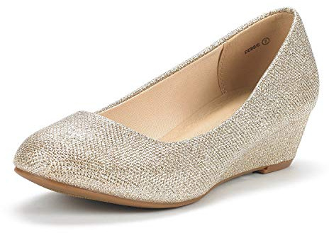 DREAM PAIRS Women's Debbie Mid Wedge Heel Pump Shoes, Gold/Glitter, Size 8