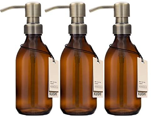 Kuishi Juego de Tres Botellas de Vidrio marrón ámbar de 250 ml con Bomba Dorada de Acero Inoxidable, dispensador de jabón Recargable ecológico, decoración de baño Elegante