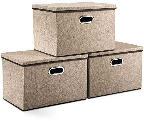 PRANDOM Large Collapsible Storage Bins with Lids [3-Pack] Jute Fabric Foldable Storage Boxes Organizer Containers Baskets Cube with Cover for Home Bedroom Closet Office Nursery (17.7x11.8x11.8)