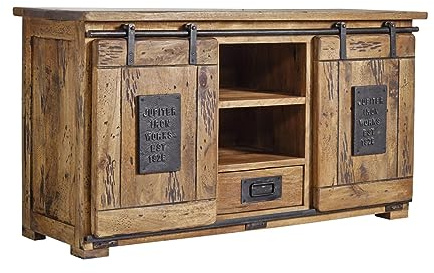MASSIVMOEBEL24.DE Sideboard Mango Natur lackiert Railway #102 | 128x45x70 (BxTxH) 53 kg Industrial montiert vollmassiv
