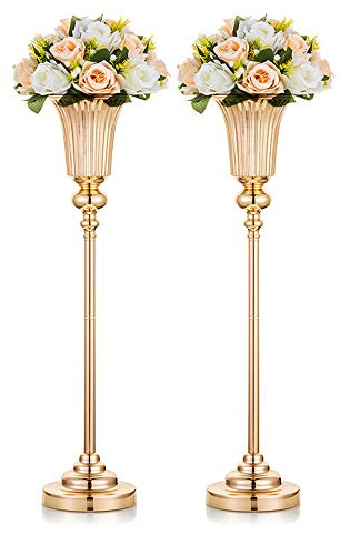 NUPTIO Gold Metall Blumenständer Vase: 67,8cm Hoch, Trompete Form | 2 Stück, Strukturierter Stiel, Elegante Form, für Hochzeit, Geburtstag, Weihnachten, Halloween, Erntedankfest, Party Deko