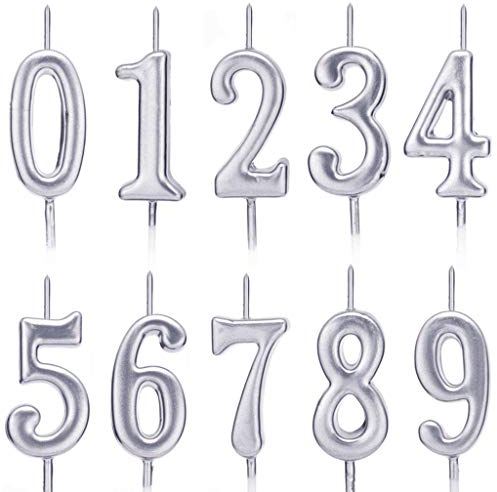Feelairy 10 Pcs Bougies d’Anniversaire Bougies de Nombre en Chiffres 0-9, Beau Numéro Briller Bougies, Topper de Gâteau Décoration pour Faveur de Fête d’Anniversaire (Argent)