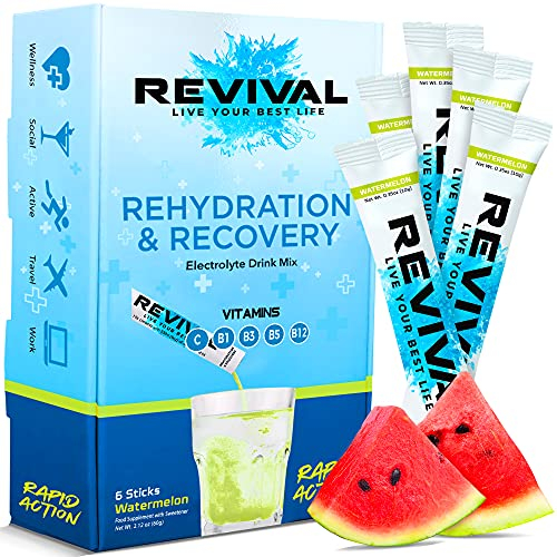 Revival Rapid Rehydration Electrolytes Powder - High Strength Vitamin C, B1, B3, B5, B12 Supplement Sachet Drink, Effervescent Electrolyte Hydration Tablets - 6 Pack Watermelon