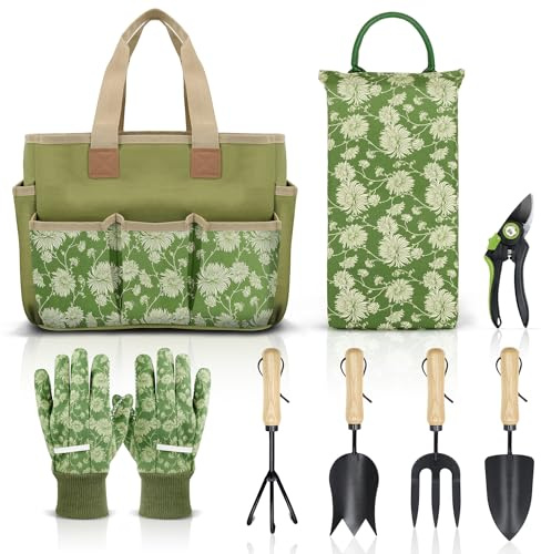 Colwelt Garden Tools Set, 8 Piece, Heavy Duty Gardening Tools with Wooden Handle, Including Garden Tote, Kneeling Pad, Gloves, Pruner, Trowel, Tulip Trowel, Cultivator - Gardening Gifts for Women Men