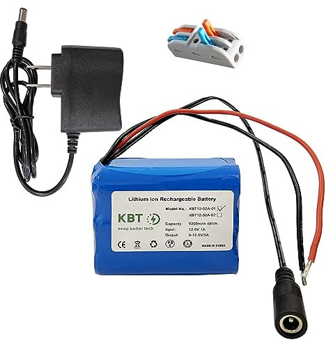 KBT 12V 5200mAh Rechargeable Li-ion Battery, Bare Leads Wire Replacement Battery Pack with Charger Compatible with 12V Devices RC Car, Boat, Robot, DIY, LED Light Strip, CCTV Camera