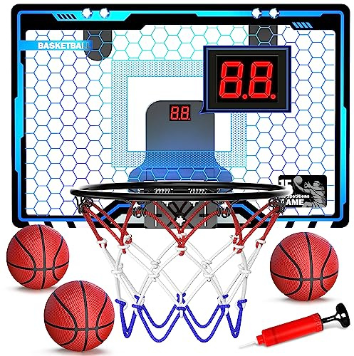 HopeRock Indoor Mini Basketball Hoop for Kids, Basketball Hoops Over The Door with LED Lighting, Mini Hoop with Scoreboard & 3 Balls, Basketball Toys Gifts for 5 6 7 8 9 10 11 12 Year Old Boys Girls