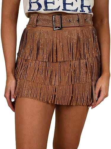 ChiyeeKiss Womens Sparkle Rhinestone Fringe Skirt Elastic Waistband Short Mini Dress with Adjustable and Removable Belt(0002-Brown-L)