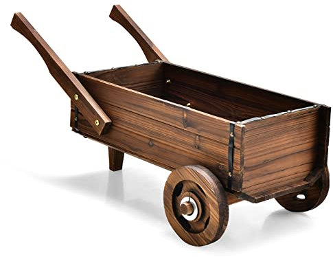 GOPLUS Brouette Décorative en Bois avec 2 Roues, Trou de Drainage, Brouette à Fleurs de Style Rustique pour Herbe, Fleur, Jardinière pour Balcon/Terrasse/Jardin, Décoration Intérieure & Extérieure