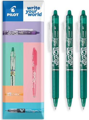 Pilot FriXion Clicker Tintenroller, fein, radierbar, einziehbare Spitze, 0,7 mm Spitze, 0,35 mm Strichbreite, Brieftasche, 3 Stück, grüne Tinte
