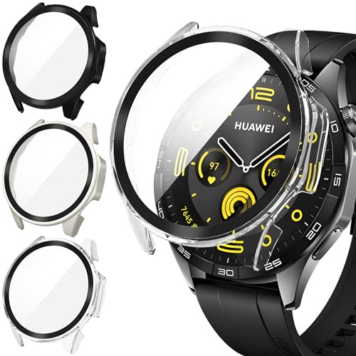 Diruite 3 Piezas Funda para Huawei Watch GT 4 46mm Protector Pantalla Cristal Templado Incorporado,HD Protección Completa PC Dura Estuche Protector para Huawei Watch GT 4 46mm Case